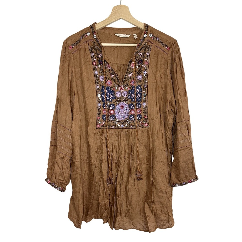 Soft Surroundings XL PETITE Brown Floral Embroidered Peasant Tunic Boho Blouse